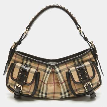 Pre Owned Burberry Brown/Beige Haymarket Check PVC and Leather Stitch Detail Hobo