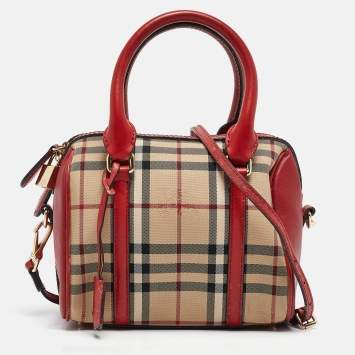 Pre Owned Burberry Red/Beige Haymarket Fabric and Leather Small Alchester Bowler Bag