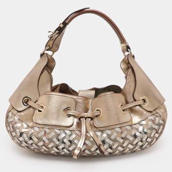 Pre Owned Burberry Gold/Beige Haymarket Check Coated Canvas and Leather Warrior Hobo