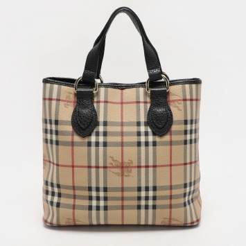 Pre Owned Burberry Beige Haymarket Check Coated Canvas and Leather On Slow Tote
