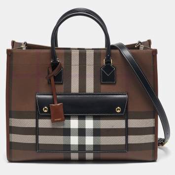 Pre Owned Burberry Dark Birch Brown Check Coated Canvas and Leather Medium Freya Tote