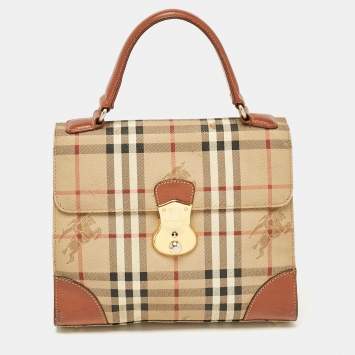Pre Owned Burberry Beige/Brown Haymarket Coated Canvas and Leather Pushlock Top Handle Bag