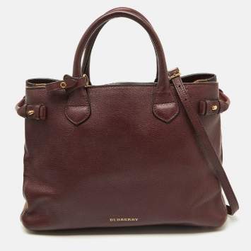 Pre Owned Burberry Burgundy/Beige Leather and House Check Canvas Medium Banner Tote
