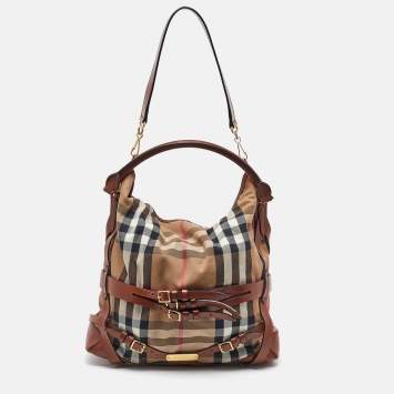 Pre Owned Burberry Brown/Beige Leather and House Check Canvas Medium Bridle Gosford Hobo