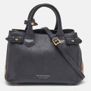 Pre Owned Burberry Black/Beige Leather and House Check Canvas Small Banner Tote