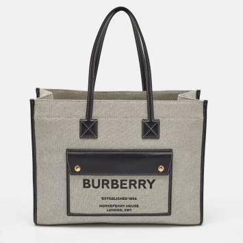 Pre Owned Burberry Black/Grey Canvas and Leather Medium Freya Tote