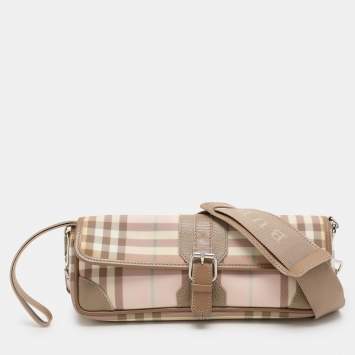 Pre Owned Burberry Pink/Beige House Check PVC and Leather Buckle Flap Shoulder Bag