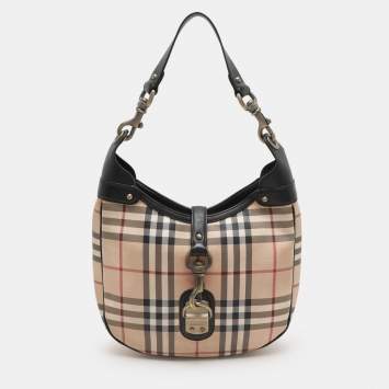 Pre Owned Burberry Beige/Black Leather and House Check PVC Hobo