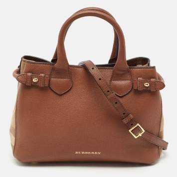 Pre Owned Burberry Brown/Beige House Check Fabric and Leather Small Banner Tote