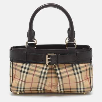 Pre Owned Burberry Dark Brown/Beige Haymarket Coated Canvas Tote
