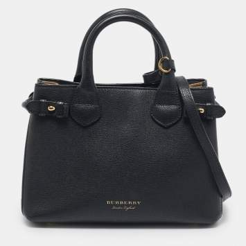 Pre Owned Burberry Black/Beige Leather and House Check Fabric Small Banner Tote