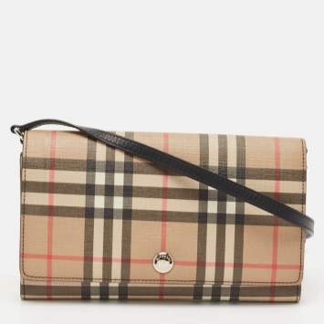 Pre Owned Burberry Malt Brown Vintage Check PVC Hannah Wallet On Strap