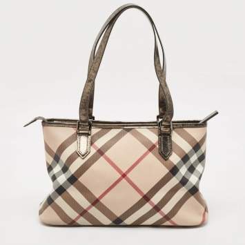 Pre Owned Burberry Metallic/Beige Supernova Check PVC and Patent Leather Nickie Tote