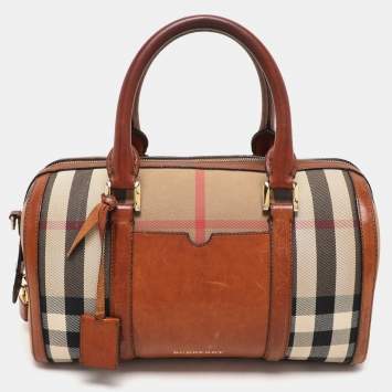 Pre Owned Burberry Brown Ochre House Check Fabric Medium Sactorial Alchester Bowler Bag