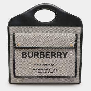 Pre Owned Burberry Off-White/Black Canvas and Leather Large Pocket Tote