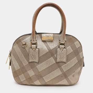 Pre Owned Burberry Gold Heritage Grain Check Embossed Leather Orchard Bowling Bag
