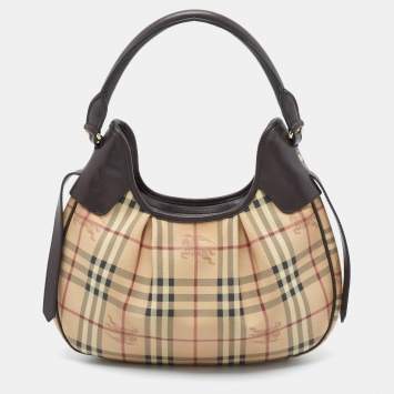 Pre Owned Burberry Brown/Beige Haymarket Coated Canvas Small Brooklyn Hobo