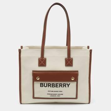 Pre Owned Burberry Beige/Brown Canvas And Leather Small Freya Tote