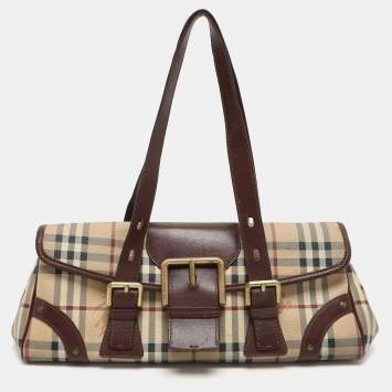 Pre Owned Burberry Brown/Beige Haymarket Check Coated Canvas and Leather Buckle Flap Satchel