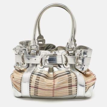 Pre Owned Burberry Silver/Beige Sliced Coated Canvas and Leather Large Beaton Tote