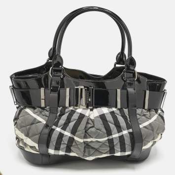 Pre Owned Burberry Black/Grey Check Quilted Nylon and Patent Leather Healy Tote