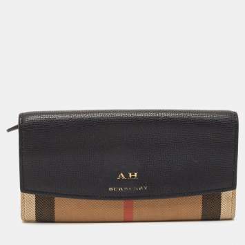 Pre Owned Burberry Beige/Black House Check Canvas and Leather Flap Continental Wallet