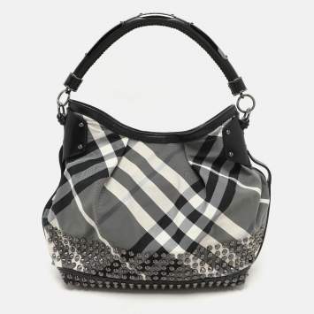 Burberry Grey/Black  Beat Check Nylon and Patent Leather Studded Hobo