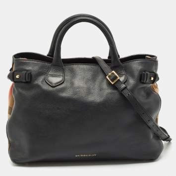 Pre Owned Burberry Black Leather and House Check Fabric Medium Banner Tote