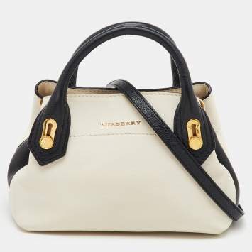 Pre Owned Burberry OffWhite/Black Leather Milton Satchel