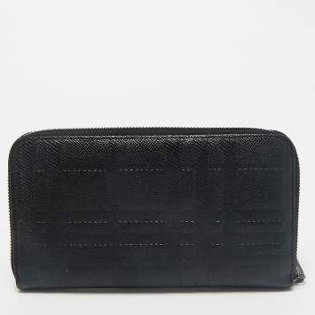 Burberry Black Embossed Check Leather Zip Continental Wallet
