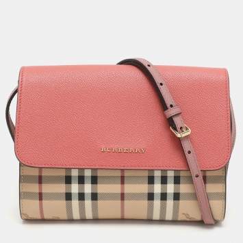 Pre Owned Burberry Pink/Beige Haymarket PVC and Leather Loxley Crossbody Bag