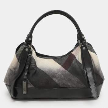 Pre Owned Burberry Black/Grey Mega Check Canvas and Leather Tote