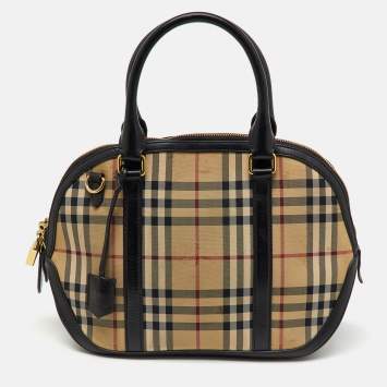 Pre Owned Burberry Beige/Black Haymarket Check Canvas and Leather Orchard Bowler Bag