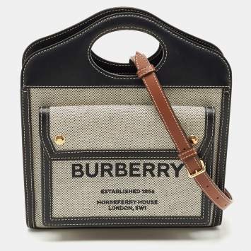 Pre Owned Burberry Black/Grey Leather and Canvas Mini Pocket Tote