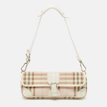 Pre Owned Burberry Pink/White House Check PVC and Leather Buckle Flap Shoulder Bag