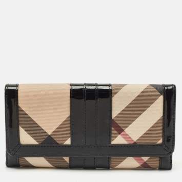 Pre Owned Burberry Beige/Black Supernova Check Coated Canvas and Patent Leather Continental Wallet 