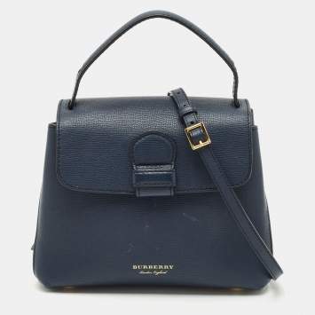 Pre Owned Burberry Navy Blue/Beige Leather and House Check Fabric Small Camberley Top Handle Bag
