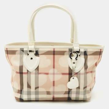 Burberry White/Beige House Check PVC and Patent Leather Open Heart Tote