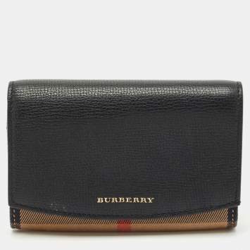 Pre Owned Burberry Black/Beige House Check Canvas and Leather Wellington Compact Wallet