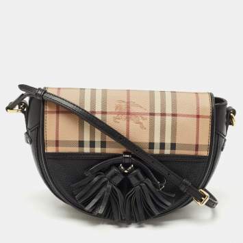 Pre Owned Burberry Black/Beige Haymarket Check PVC and Leather Maydown Crossbody Bag