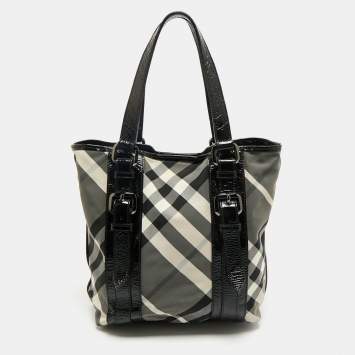 Pre Owned Burberry Black Beat Check Nylon And Patent Leather Small Lowry Tote