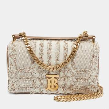 Burberry Off White/Beige Canvas Needle Punch Check Small Lola Bag