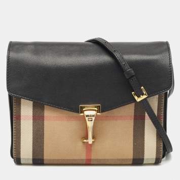 Pre Owned Burberry Beige/Black House Check Canvas and Leather Macken Crossbody Bag