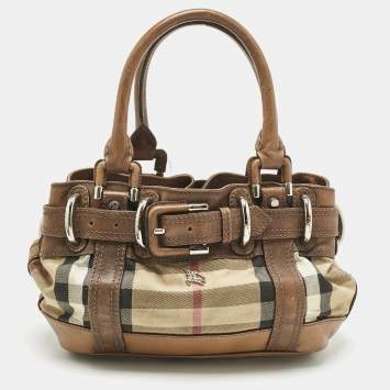 Pre Owned Burberry Brown House Check Fabric and Leather Small Beaton Tote