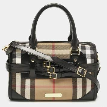 Pre Owned Burberry Black/Beige House Check Fabric and Leather Bridle Chester Bowling Bag