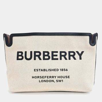 Pre Owned Burberry Beige Black Canvas Clutch