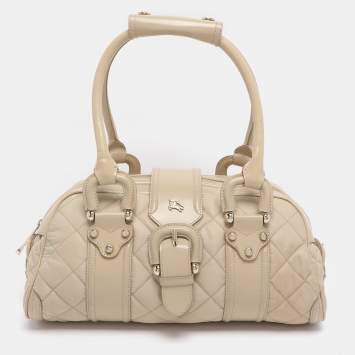 Pre Owned Burberry Beige Quilted Nylon and Patent Leather Manor Satchel