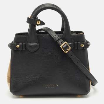 Pre Owned Burberry Black/Beige Leather and House Check Fabric Mini Banner Tote