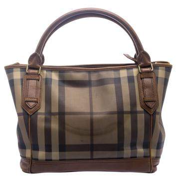 Pre Owned Burberry Brown Smoke Check PVC and Leather Tote