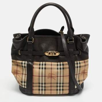 Pre Owned Burberry Choco Brown/Beige Haymarket Check Coated Canvas Medium Golderton Tote